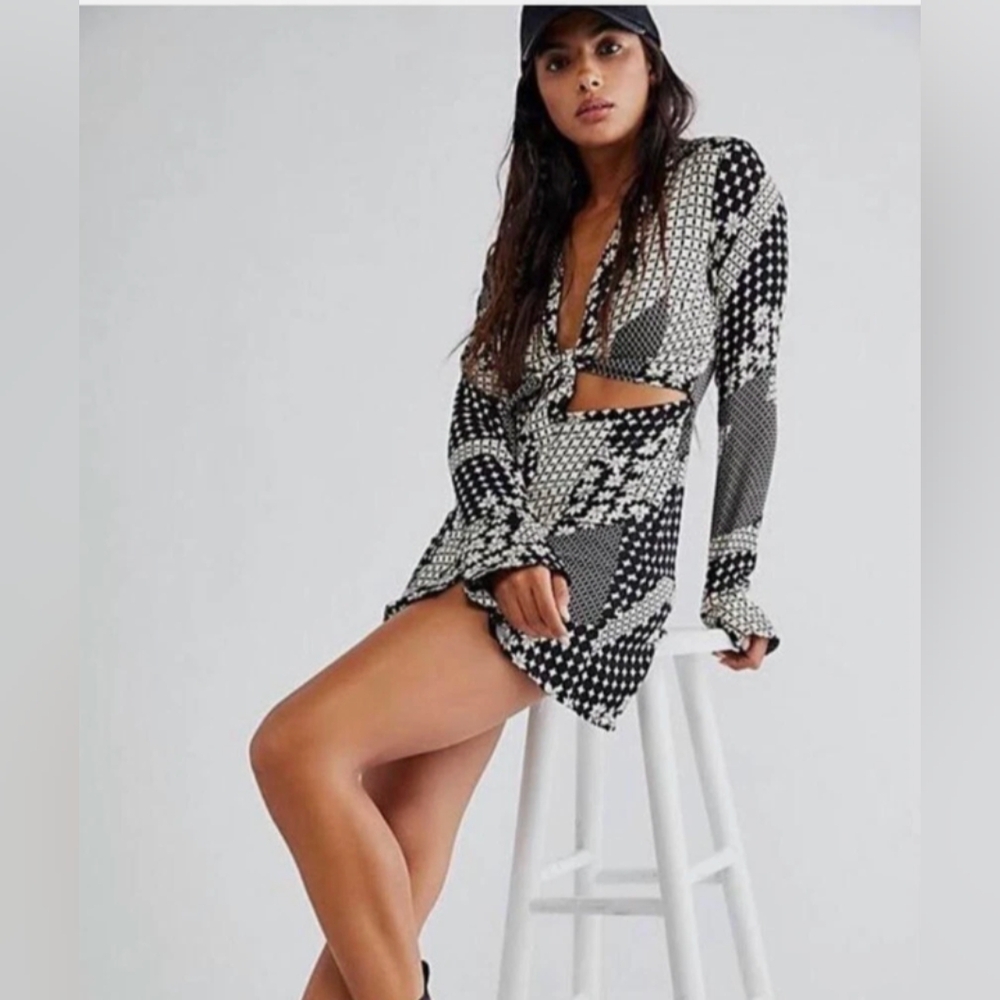Free People Black and White Patterned Tie-Front Dress S